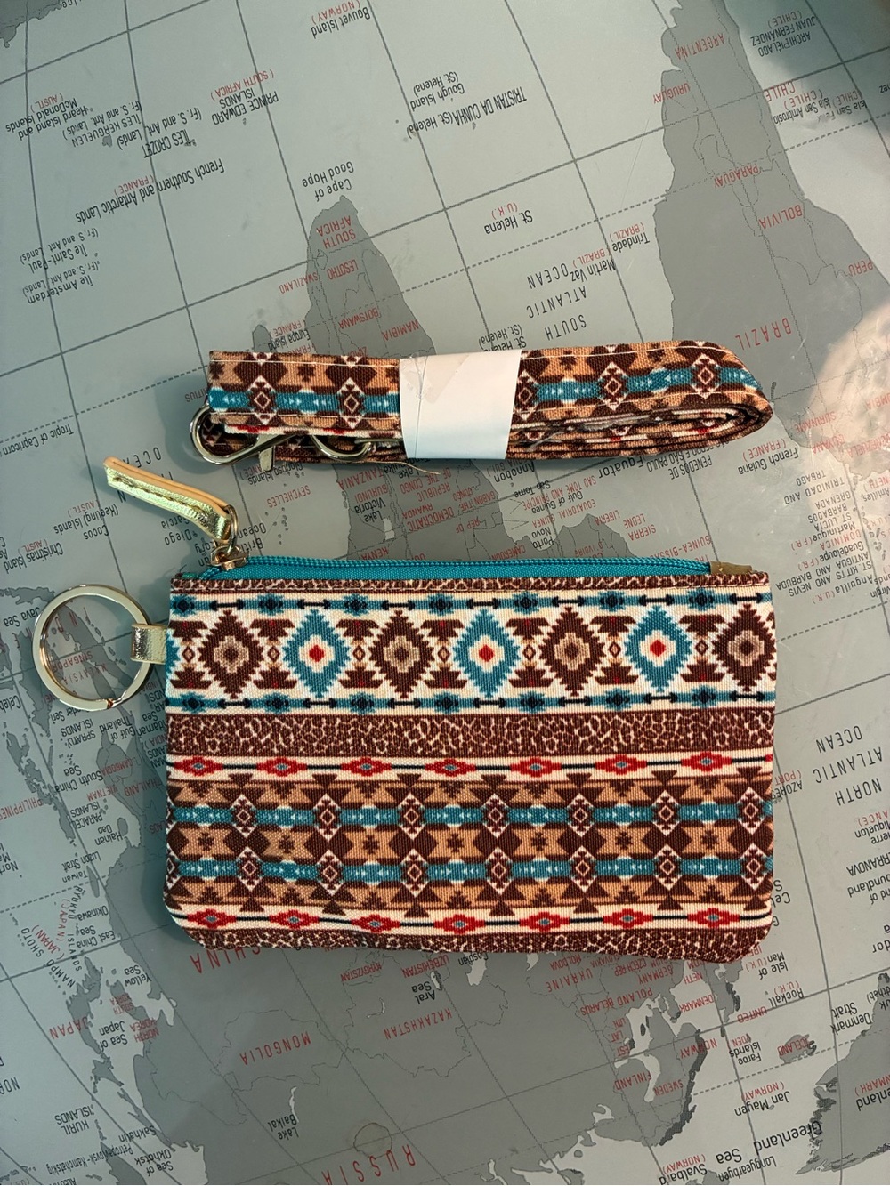 Aztec-Pattern Zip Key & Card Holder in Brown and Teal
